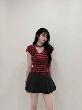 Striped Print Crop Choker Short Sleeve Tee
