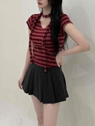 Striped Print Crop Choker Short Sleeve Tee