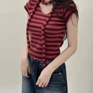 Striped Print Crop Choker Short Sleeve Tee