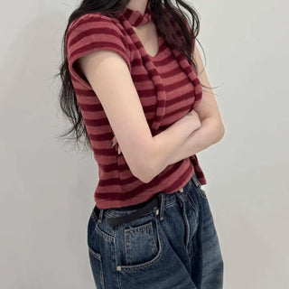 Striped Print Crop Choker Short Sleeve Tee