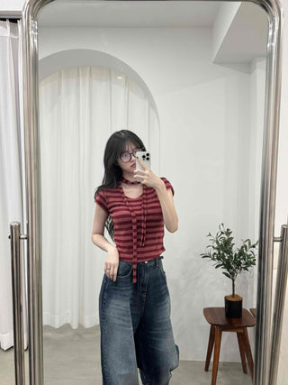 Striped Print Crop Choker Short Sleeve Tee