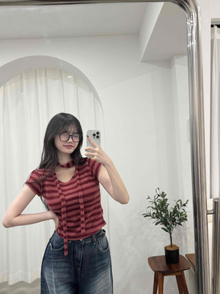 Striped Print Crop Choker Short Sleeve Tee