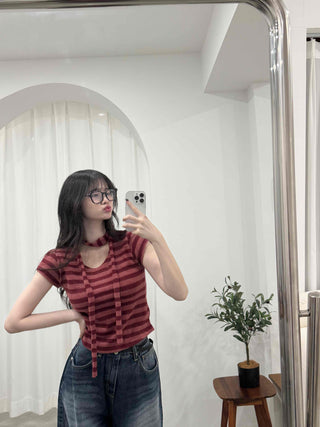 Striped Print Crop Choker Short Sleeve Tee