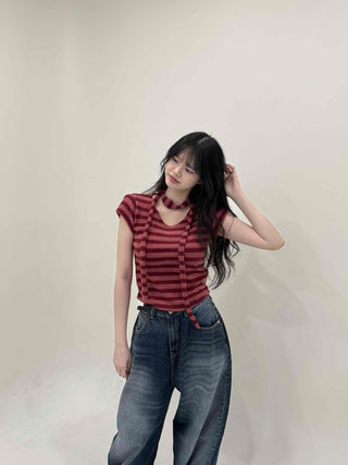 Striped Print Crop Choker Short Sleeve Tee