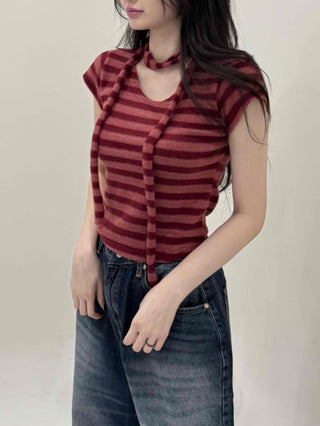 Striped Print Crop Choker Short Sleeve Tee