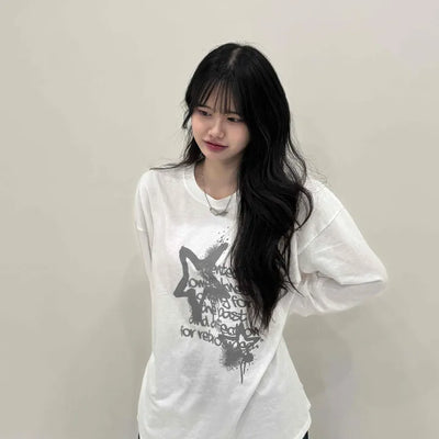 Vintage Lettering Graphic Loose Fit Round Long Sleeve Tee