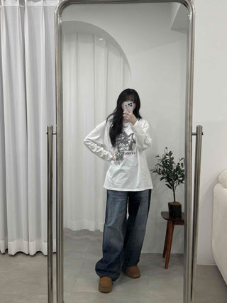 Vintage Lettering Graphic Loose Fit Round Long Sleeve Tee