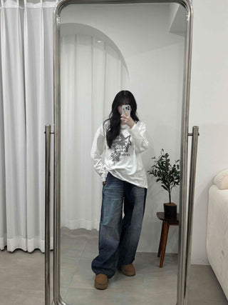 Vintage Lettering Graphic Loose Fit Round Long Sleeve Tee