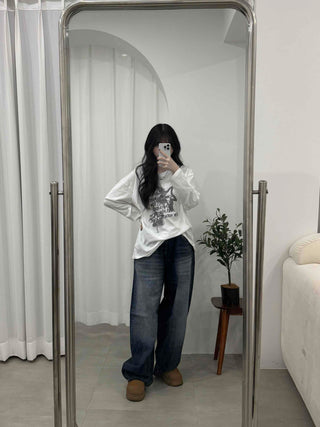 Vintage Lettering Graphic Loose Fit Round Long Sleeve Tee