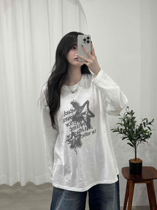Vintage Lettering Graphic Loose Fit Round Long Sleeve Tee