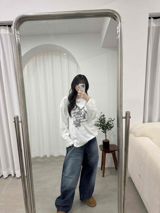 Vintage Lettering Graphic Loose Fit Round Long Sleeve Tee