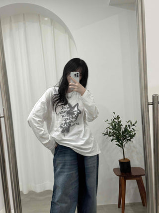 Vintage Lettering Graphic Loose Fit Round Long Sleeve Tee