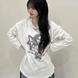 Vintage Lettering Graphic Loose Fit Round Long Sleeve Tee