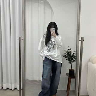 Vintage Lettering Graphic Loose Fit Round Long Sleeve Tee