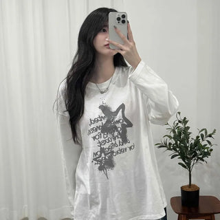 Vintage Lettering Graphic Loose Fit Round Long Sleeve Tee