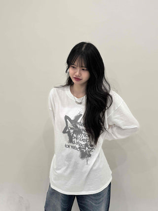 Vintage Lettering Graphic Loose Fit Round Long Sleeve Tee