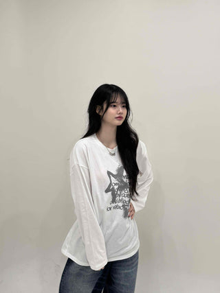 Vintage Lettering Graphic Loose Fit Round Long Sleeve Tee