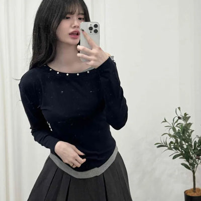 Studded One-Shoulder Slim Fit Long Sleeve Tee