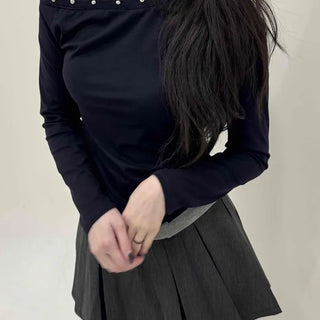 Studded One-Shoulder Slim Fit Long Sleeve Tee
