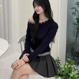 Studded One-Shoulder Slim Fit Long Sleeve Tee
