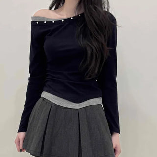 Studded One-Shoulder Slim Fit Long Sleeve Tee