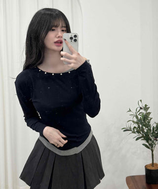 Studded One-Shoulder Slim Fit Long Sleeve Tee