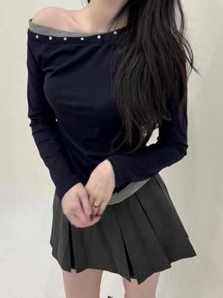 Studded One-Shoulder Slim Fit Long Sleeve Tee