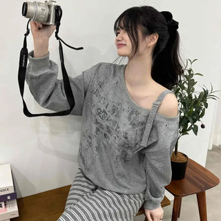 Unique Fade Print Buckle Off-Shoulder Loose Fit Sweatshirt