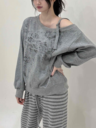 Unique Fade Print Buckle Off-Shoulder Loose Fit Sweatshirt