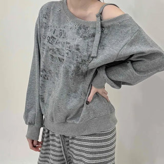 Unique Fade Print Buckle Off-Shoulder Loose Fit Sweatshirt