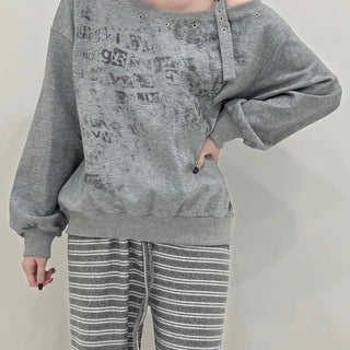 Unique Fade Print Buckle Off-Shoulder Loose Fit Sweatshirt