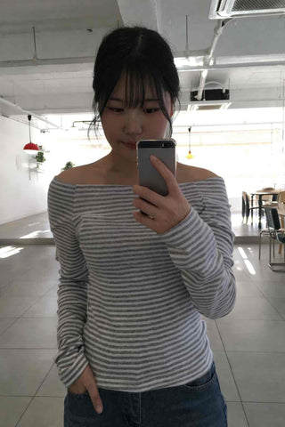 Soft Daily Wide Boat Neck Striped Long Sleeve Tee