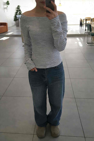 Soft Daily Wide Boat Neck Striped Long Sleeve Tee
