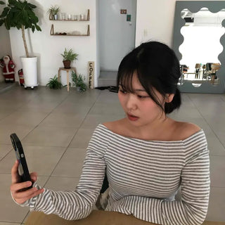 Soft Daily Wide Boat Neck Striped Long Sleeve Tee