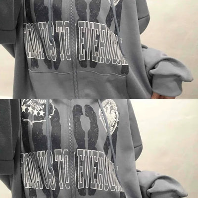Lettering Print Oversized Zip-Up Hoodie