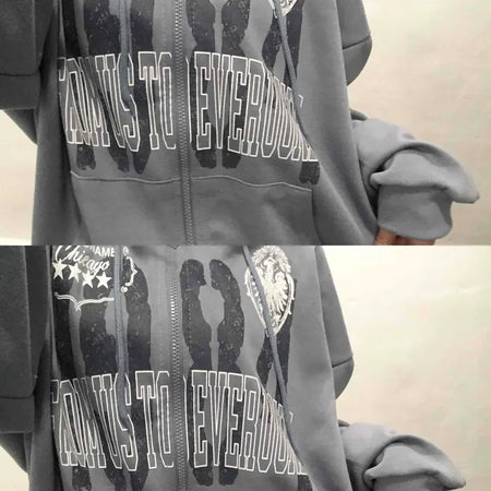 Lettering Print Oversized Zip-Up Hoodie