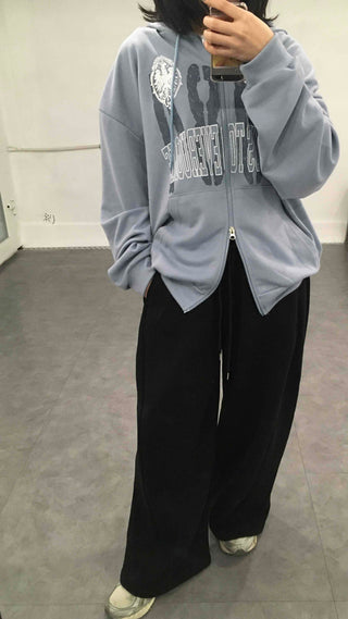 Lettering Print Oversized Zip-Up Hoodie