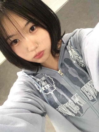Lettering Print Oversized Zip-Up Hoodie