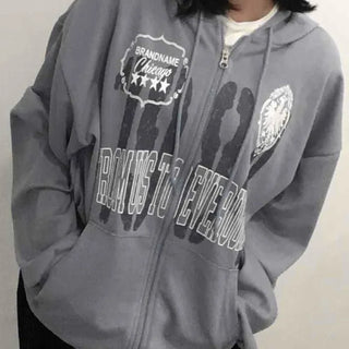 Lettering Print Oversized Zip-Up Hoodie