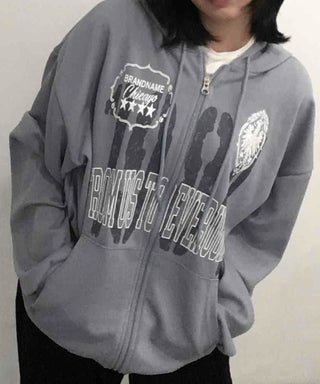 Lettering Print Oversized Zip-Up Hoodie
