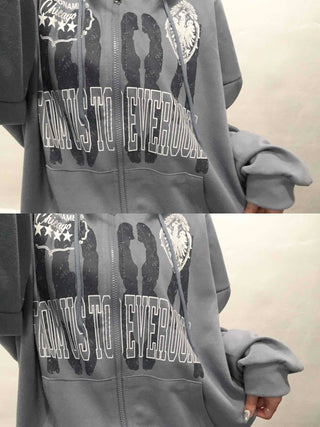 Lettering Print Oversized Zip-Up Hoodie
