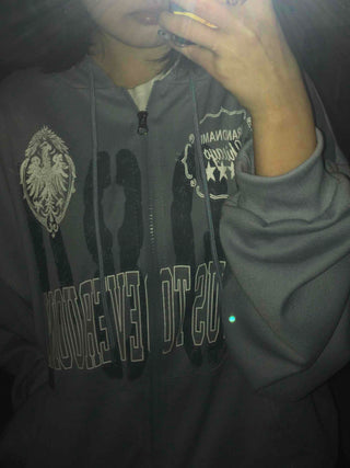 Lettering Print Oversized Zip-Up Hoodie