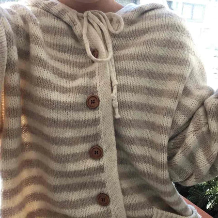 Natural Stripe Cozy Fit Knit Hooded Cardigan