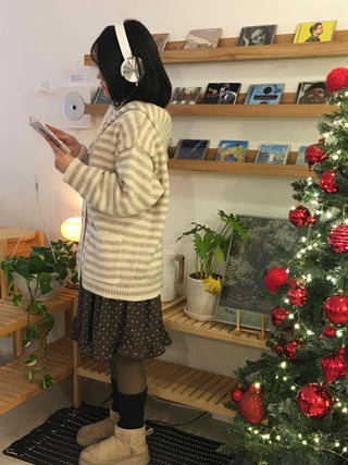 Natural Stripe Cozy Fit Knit Hooded Cardigan