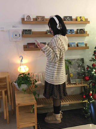 Natural Stripe Cozy Fit Knit Hooded Cardigan