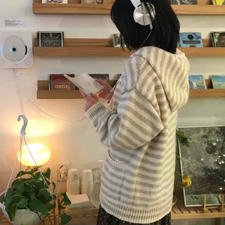 Natural Stripe Cozy Fit Knit Hooded Cardigan