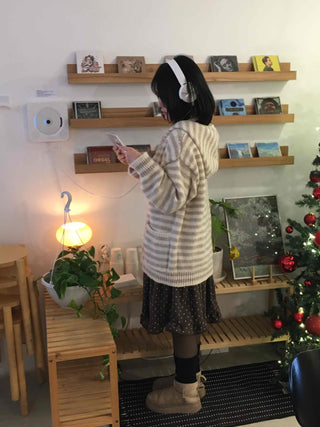 Natural Stripe Cozy Fit Knit Hooded Cardigan