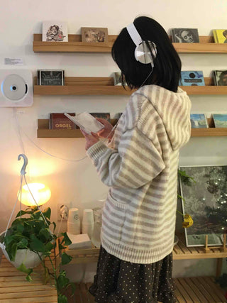 Natural Stripe Cozy Fit Knit Hooded Cardigan