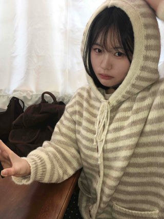 Natural Stripe Cozy Fit Knit Hooded Cardigan
