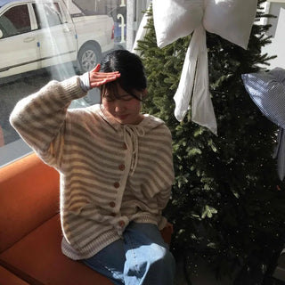 Natural Stripe Cozy Fit Knit Hooded Cardigan
